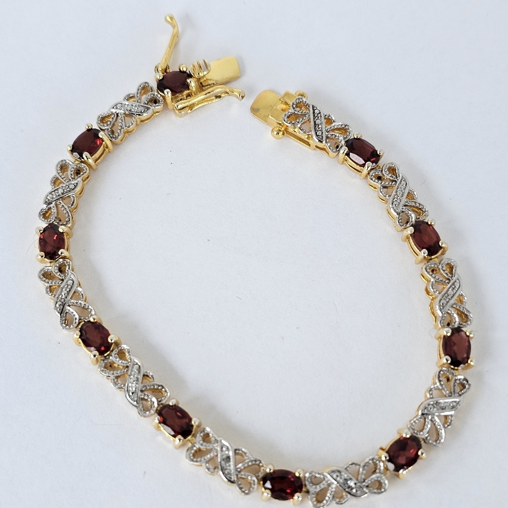 Beautiful Genuine Red Garnet & Diamond Tennis Bracelet 14K Vermeil. - Picture 6 of 6